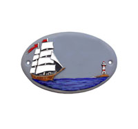 Keramiktürschild, Motiv Segelschiff,  blaugrau